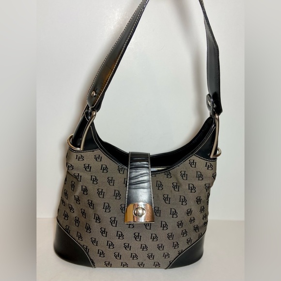 Dooney & Bourke Buckle Bucket Handbag Purse Lock Monogram Signature Black Grey. - Picture 7 of 16